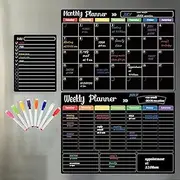 Hivillexun Magnetic Black Dry Erase Calendar White Board Set (3-Pack) - Monthly, Weekly Planners & Daily Notepad for Fridge, Home & Office, Includes 8 Markers
