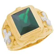 10k or 14k Two-Tone Gold Mens Simulated Rectangle Emerald May Religious Ring