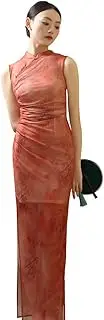 [ROYAL SMEELA] Dress Sleeveless Patterned Elegant Red Floral Print Cheongsam Dress Traditional Chinese Qipao for Women