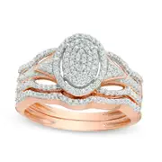 0.33 CT. T.W. Composite Natural Diamond Oval Frame Bridal Engagement Ring Set in Solid 10K Rose Gold