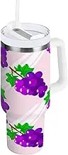 RPLIFE Cartoon Purple Grapes Pink 40 Oz Tumbler with Handle and Straw, Stainless Steel Tumbler with Straw, Tumbler for Men