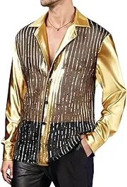 FEOYA Men's Sequins Shirt Shiny Dress Shirt 70s Disco Sparkly Top Button Down Dance Nightclub Blouse Long Sleeve M-3XL