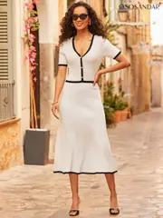 Sosandar White Contrast Trim Fit & Flare Knitted Dress (H37764) | $196