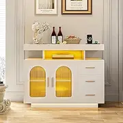 Advwin Sideboard Buffet Cabinet with 3 Drawers and 2 Doors, Storage Cabinet with 20 Color LED Lights and Wireless Charging Station, Kitchen Living Room Console Table, White