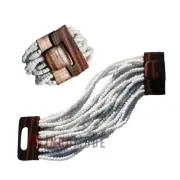 White BALI Bracelet with Hardwood Buckle Clasp 14-Strand Elastic Glass Bead