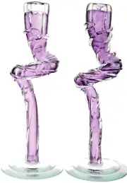 BERNI ENTERPRISES Art Glass Curved Purple Candle Holder Set/2 Hand Blown New