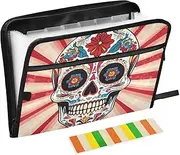 Quteprint 13 Pockets Expanding File Folder with Zipper Closure, Mexican Sugar Skull Flower Accordion File Folder with Sticky Labels, Letter Size A4 Papers Expandable File Document Organizer