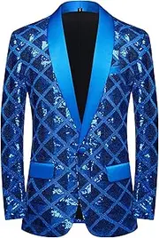 [DGHM-JLMY] Men's Shiny Sequins Blazer One Button Sequin Dress Suit Jacket Party Festival Tuxedo Sport Coat