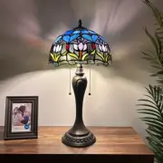 Tiffany Style Table Lamp Blue Stained Glass Tulips LED Bulbs Included 22"H*12"W