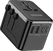 DISGIAN Travel Adapter,Universal Power Adaptor with Super Fast Charger 2 Port Type-C and 2 USB-A for Phone,Laptop,Tablet,Worldwide Travel Plug for Type A/C/G/I USA, Japan, UK, EU, AUS(Black) (Black)