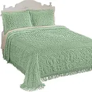 (Queen, Sage) - Calista Chenille Bedspread with Fringe Border, Sage, Queen, Cotton