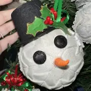 Handmade Snowman w/ Top Hat Ornament 3” White Ball Crafted Gift Christmas