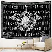Viking Tapestry, Ancient Norse Viking Warrior Head Gothic Altar Wall Art,Mysterious Raven Rune Tapestry Wall Hanging, Mystic Aesthetic Wall Decor Tapestries for Bedroom Living Room Home60x40