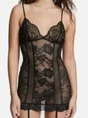 VICTORIA'S SECRET MIXED SHEER MESH & LACE MINI GARTER SLIP BLACK SIZE Small
