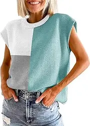 [GUNEST] Womens Summer Sweater Vest Cap Sleeve Crew Neck Casual Loose Fit Knit Lightweight Pullover Tank Top for Spring Summer