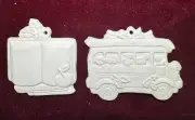 School Bus, Text Book w/ Apple-Unpainted Ceramic Christmas Ornaments
