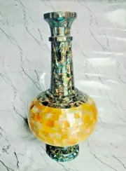 12" Marble Flower Vase Inlay Yellow MOP & Abalone Shell Gamestone Home Decore .