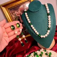 在飛比找Yahoo!奇摩拍賣優惠-vintage中古琉璃珍珠南瓜綠色琉璃項鏈毛衣鏈銀耳釘耳夾流