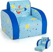 Costzon Kids Couch, 3 in 1 Convertible Flip Open Children's Sofa w/Foam-Padded Seat, Toddler Armrest Chair Bed for Nap, Fold Out Lounger Kids Sofa, Gift for Children Boys Girls (Space Airplane)