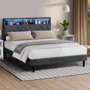 Oikiture Bed Frame Double Size With LED Storage Headboard