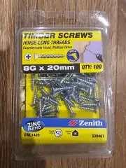Zenith 8G x 20mm Zinc Hinge-Long Thread Countersunk Head Timber Screws... 100PK