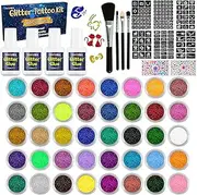 Temporary Glitter Tattoo Kit for Kids, 40 Colors Glitter, with 154 Stencils, 4 Glue, 4 Brushes, Body Glitter Make Up Kit, for Cosplay, Birthday Party, Festival Christmas
