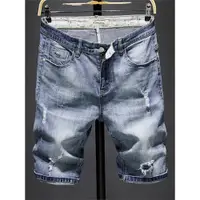 在飛比找ETMall東森購物網優惠-破洞韓版5分淺藍薄款牛仔短褲