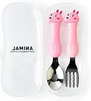 2Pcs Silverware Travel Carry Set Children Portable Tableware Toddler Utensils Spoon & Fork Set with Travel Case Pink