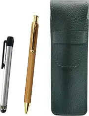 SASMG-ALST-FB300CB Grain Leather Pen Case Moss Green Metal Touch Stick Silver and Bamboo Pattern Ballpoint Pen Set
