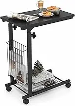 Costway Height Adjustable C Shape Side Table, Mobile End Table with Detachable Wheels, Side Basket and Bottom Mesh Storage, Space-Saving Slide Under Sofa Table for Living Room Bedroom (Black)