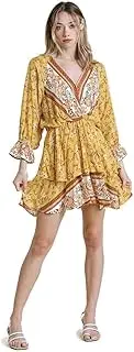 [Umgee] Women's Floral Border Print Layered Dress, Golden Yellow