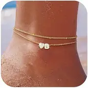 [RLMOON] Gold Anklet Initial Ankle Bracelets for Women 14K Gold Plated Dainty Layered CZ Letter A-Z Heart Charm Anklets Handmade Beach Foot Jewelry