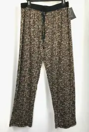 RENE ROFE Womens Size Large Stretch Black Brown Leopard Rayon Lounge Sleep PANTS