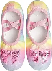 [LingTing] dance shoes for girls pink ballet flats Rainbow glitter ballerina slippers with Elastic Laces