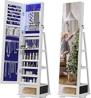 Dystler Jewellry Cabinet with Full-Length Mirror, Jewelry Armoire Organizer - 360° Swivel Standing Lockable Jewelry Storage for Girls/Women
