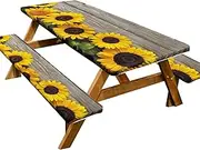 Picnic Table Cover with Bench Covers,3PC Elastic Fitted Table Cloth 72 x 30 inch,Waterproof Windproof 6FT Tablecloth for Outdoor Camping Garden Picnic (Wooden Sunflowers, 72 x 30 inch)