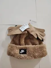 Nike Youth 2-Piece Set Beanie & Gloves Tan Fleece Unisex Cozy Warm Winter Hat