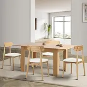 Oikiture Wooden Dining Table and Chairs Set of 4 160cm Extendable Dining Table and PU Leather Padded Kitchen Chairs Natural