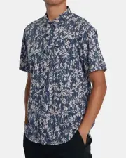 RVCA Artist Woven Floral Anytime Designer SS Button Down Small Regular Blue NEW
