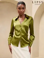 Lipsy Khaki Green Ruched Side Satin Button Through Shirt (AY7901) | $66