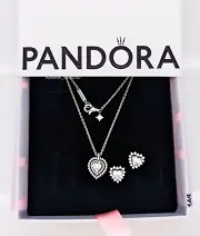 New 100% PANDORA 925 Sparkling double Heart Halo Necklace Stud Earring Gift Set