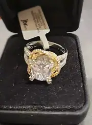 Platinum Plated 925 Oval CZ 9.31ctw Solitaire Ring w/ 18K YG Swirl Accent Sz12