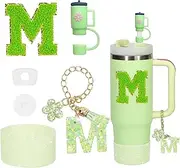 6PCS Cup Accessories Set for Stanley Cup 30oz 40oz Tumbler with Handle, Including Silicone Straw Topper Cover Cap and Boot, Spill Proof Stopper, Handle Charm, Initials Sticker(Green) (Green M)