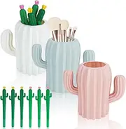 3 Pcs Pen Holder Pencil Pot, Cactus Pen Pot with 6 Funny Pens, Makeup Brush Holder for Home, Classroom, Office Supplies, Vanity Table (3 Colors)
