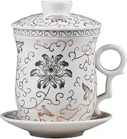 Tea Talent Porcelain Tea Cup with Lid and Saucer Infuser Sets - Chinese Jingdezhen Ceramics Coffee Mug Teacup Loose Leaf Tea Brewing System for Home Office, Flowery Pattern White