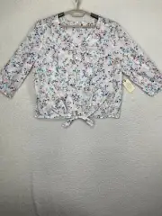 St John's Bay Top Women's 3/4 Sleeve Button Tie Front White Ditsy Floral X-Large