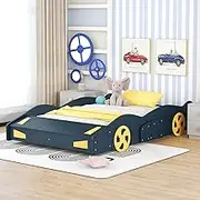 ACQCA Full Size Race Car Bed for Kids, Car-Shaped Bed Frame with Wheels and Storage Footboard for Boys, Wood Slats Support,No Box Spring Needed, Dark Blue+Yellow