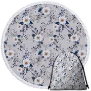 White and Blue Flowers over Grey Round Beach Towel