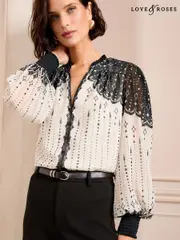 Love & Roses Black/White Printed Notch Neck Button Detail Long Sleeve Blouse (AY4354) | $92