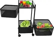 Rotating Storage Rack for Kitchen, 3 Tier Carbon Steel Fruit and Vegetable Storage Mesh Basket with Wheels Space Saving Kitchen Storage Cart Rotating Tower Organizer for